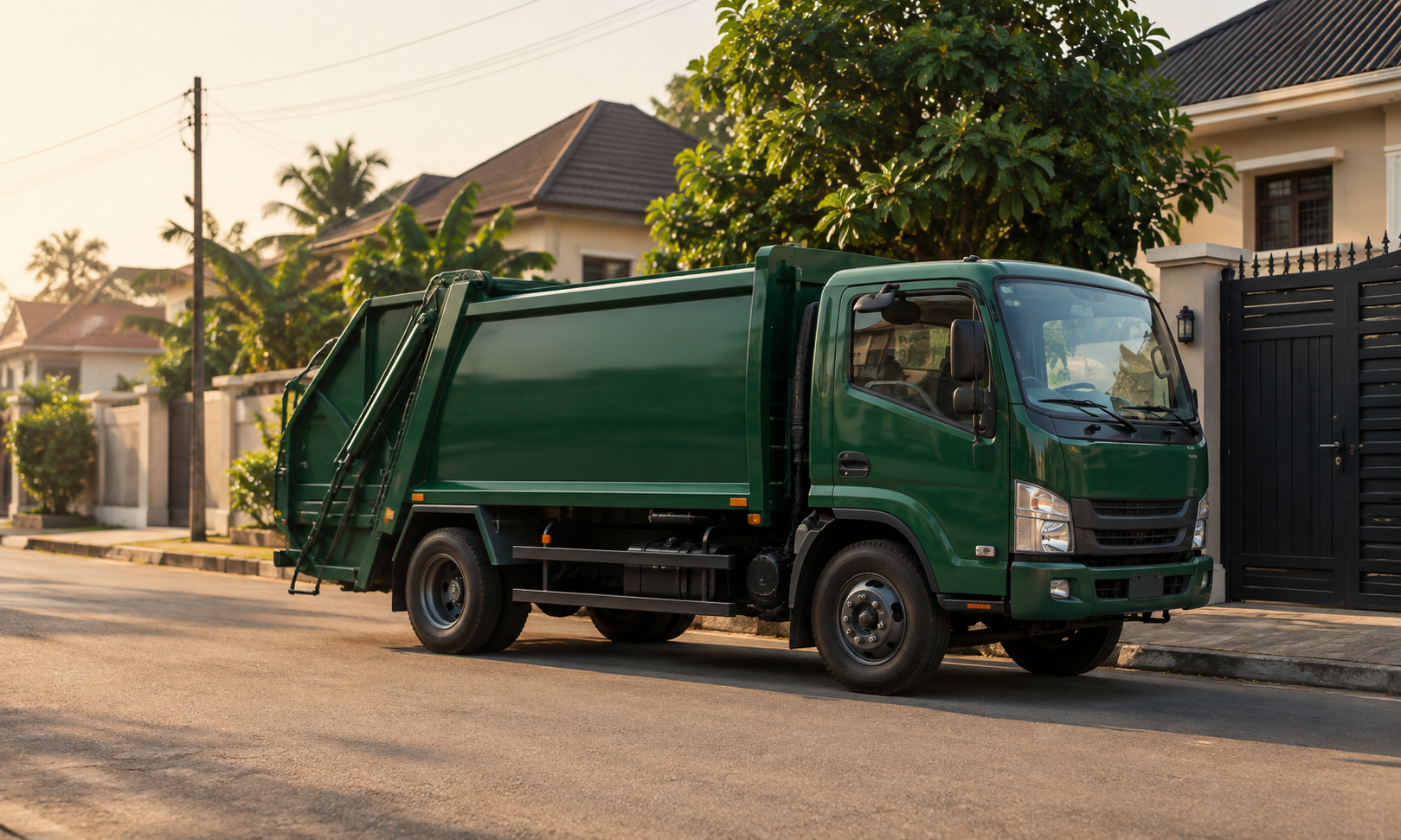 A waste collection truck on a residential street